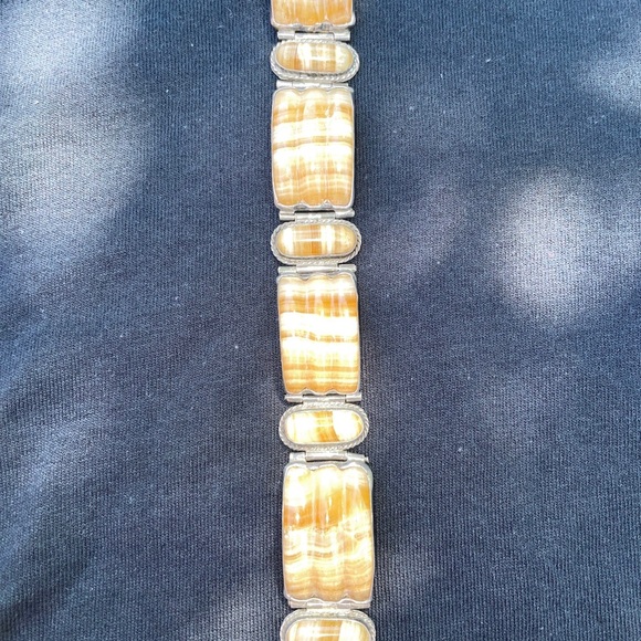 Vintage Mexican 950Sterling Silver & CarvedBanded Agate Bracelet heavy